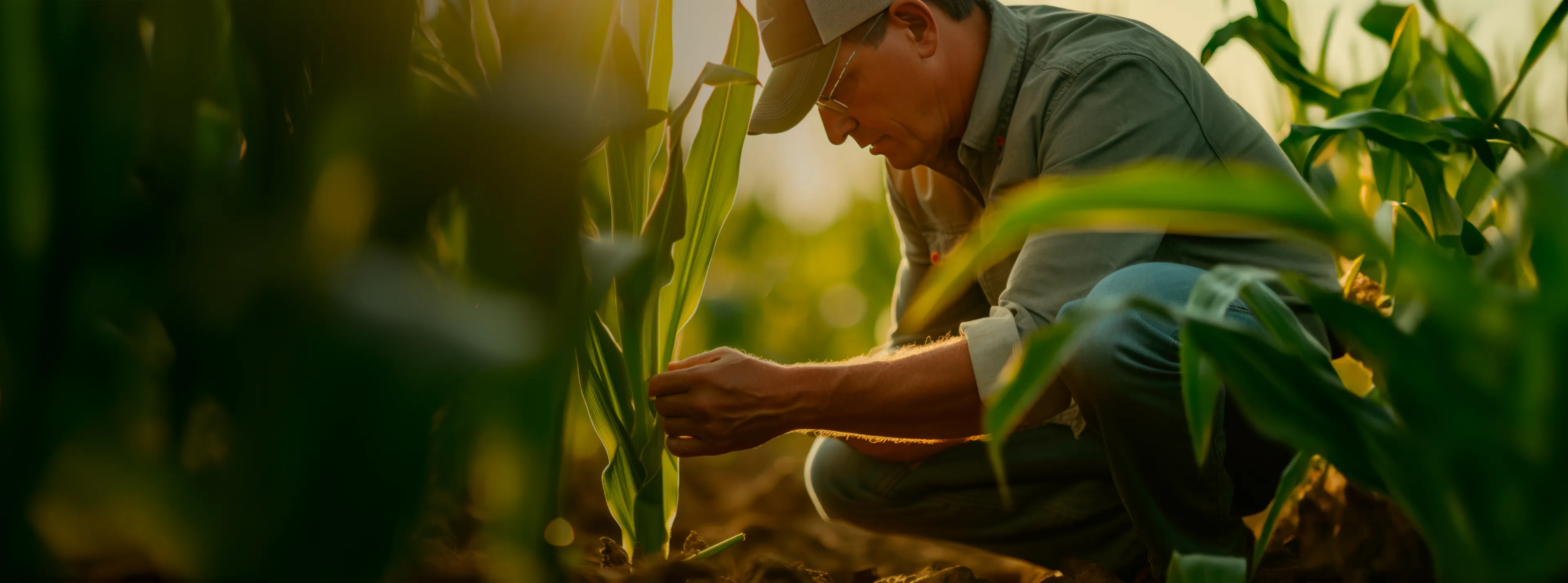 Produtor em meio a plantação de milho, verificando detalhes na planta.