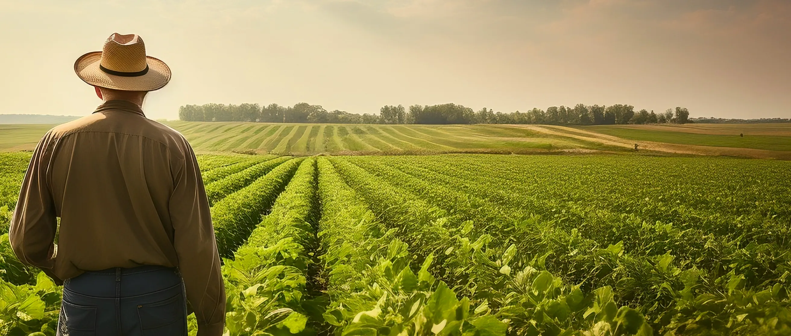 Produtor em meio a grande plantação de soja, com olhar confiante.