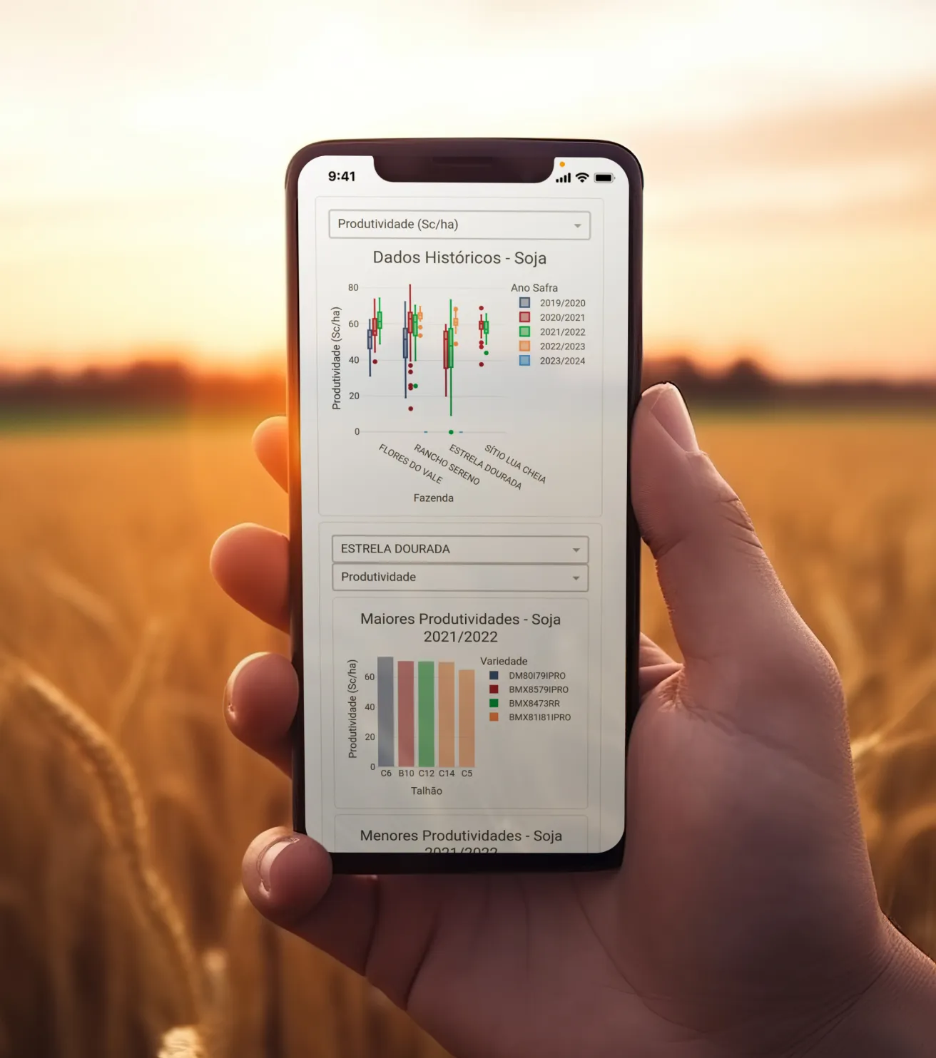 Mão segurando celular em meio a lavoura com os visão do dashboard do Agrisapient. 