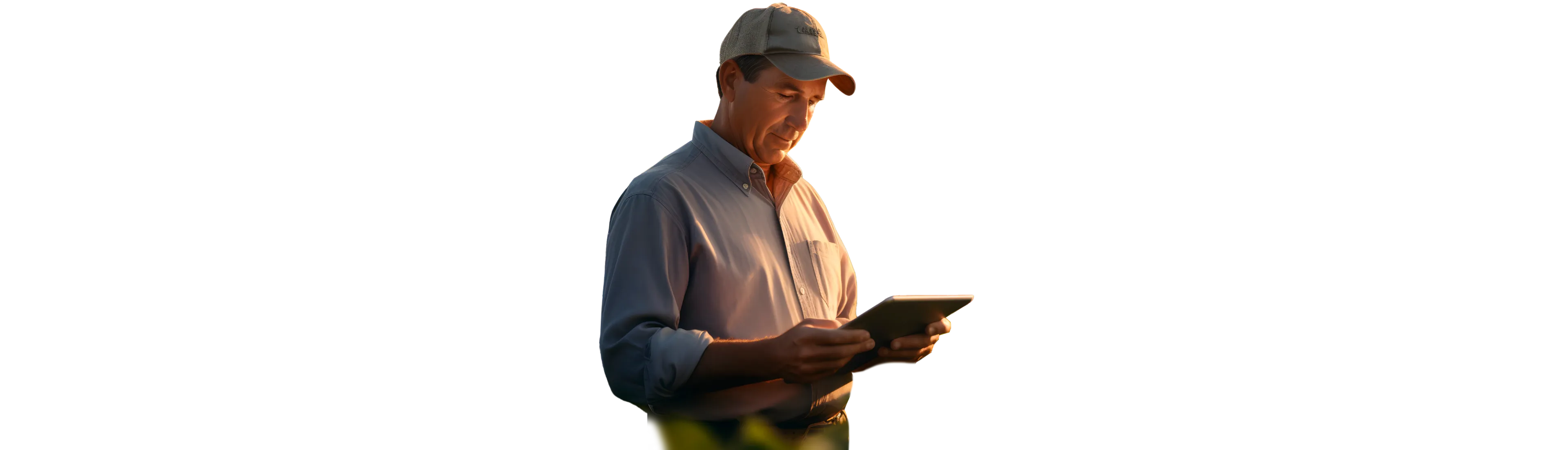 Agricultor em meio a plantação de soja usando tablet. Sobre a plantação são exibidos dados sobre a lavoura.